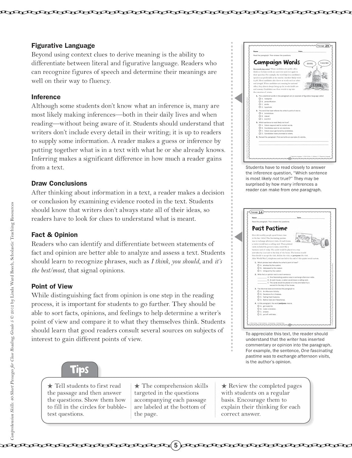 Scholastic Comprehension Skills: 40 Short Passages For Close Reading, Grade 5