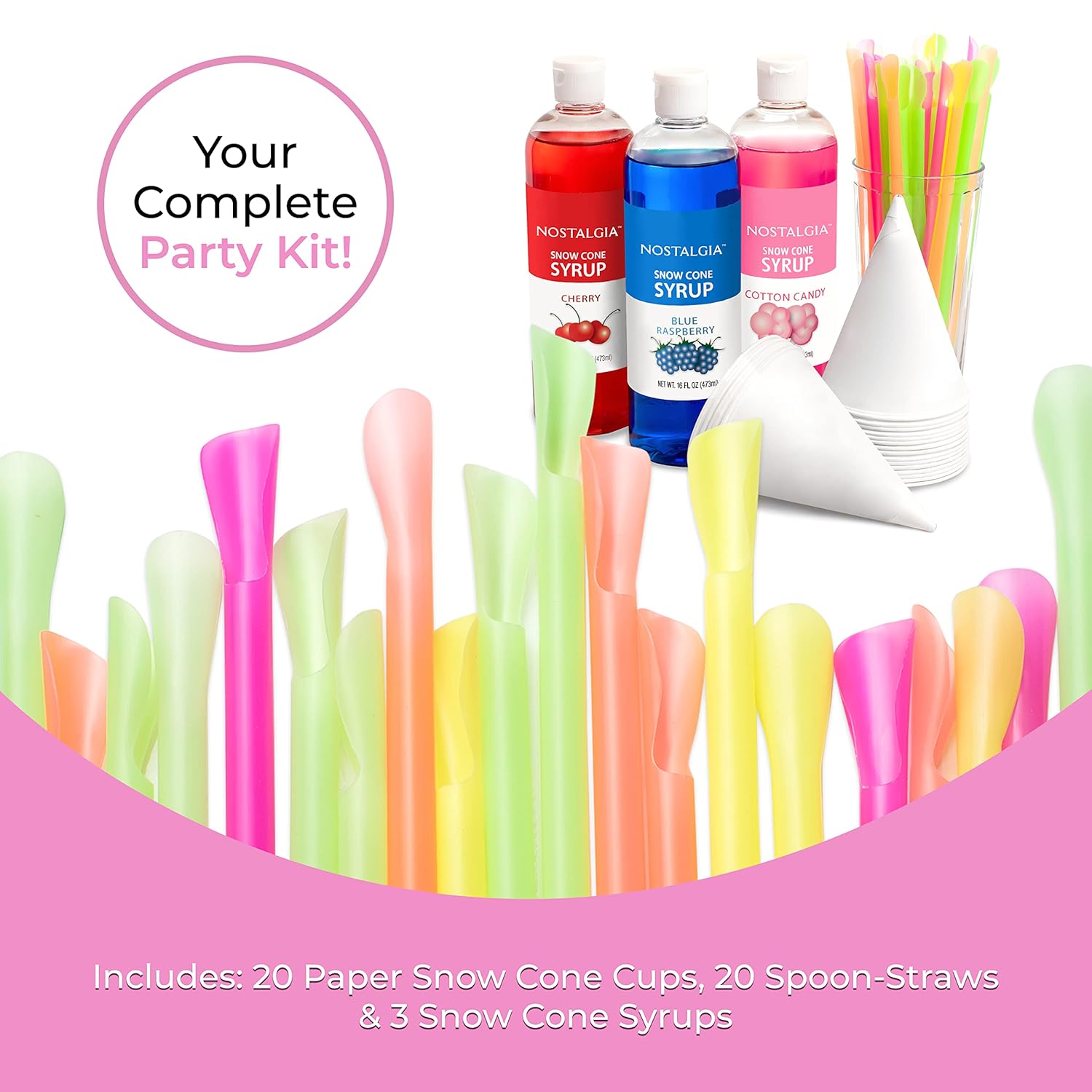 NOSTALGIA Snow Cone Syrup Party Kit with Cups and Spoon-Straws