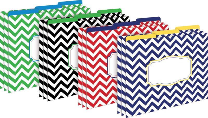 BARKER CREEK Designer File Folders, Nautical Chevron, Multicolor Chevrons on Outside, Bright Colors on Inside, Letter Size
