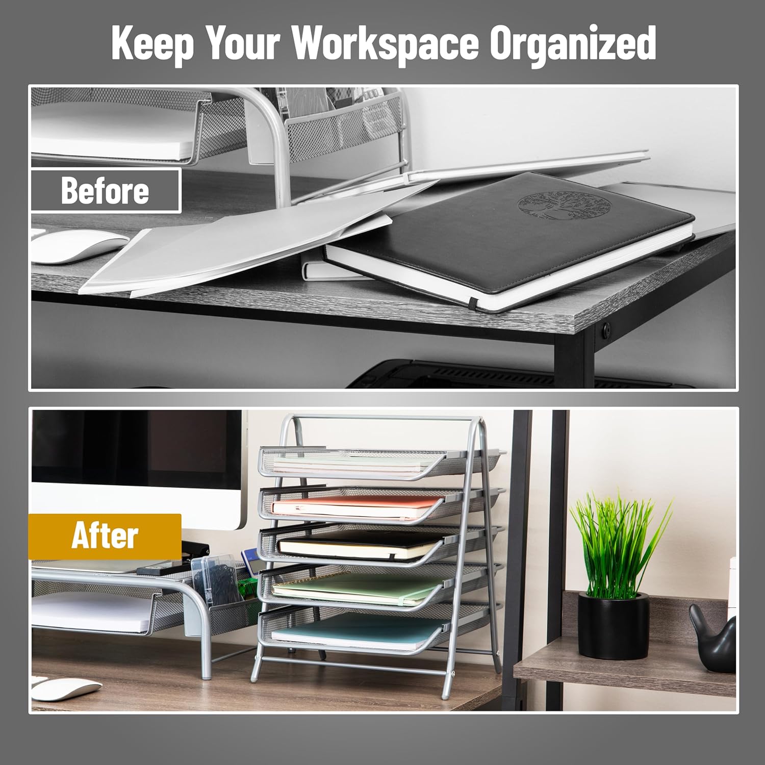 MIND READER 5-Tier Paper Tray Organizer, Metal Mesh Desktop File Storage