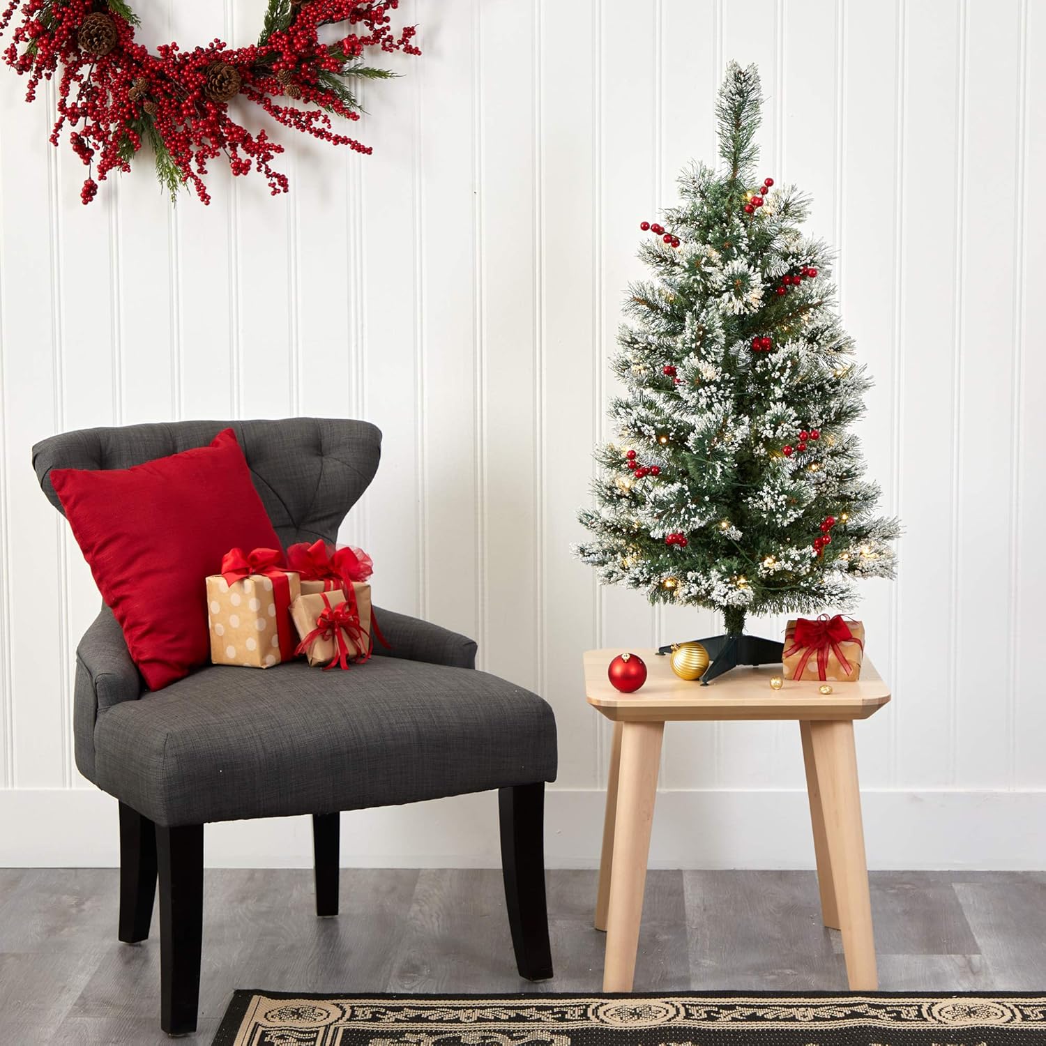 Nearly Natural 3ft. Frosted Swiss Pine Artificial Christmas Tree with 50 Clear LED Lights and Berries