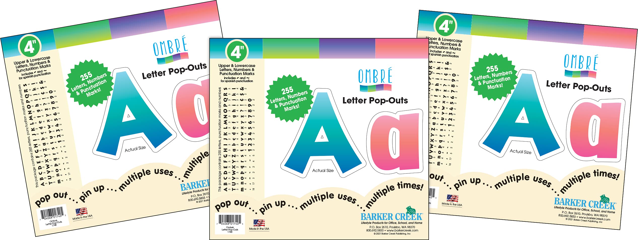 Barker Creek 4" Letter Pop-Outs 3-Pack, 765 Upper & Lowercase Letters, Numbers & Punctuation