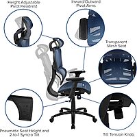 Flash Furniture LO Ergonomic Mesh Office Chair with 2-to-1 Synchro-Tilt, Adjustable Headrest, Lumbar Support - Arms in Blue