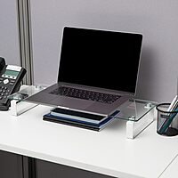 Mind Reader Monitor Stand, Contemporary, Desktop Organizer, Laptop Riser, Office, Glass, 22" L x 8.25" W x 3" H, Clear