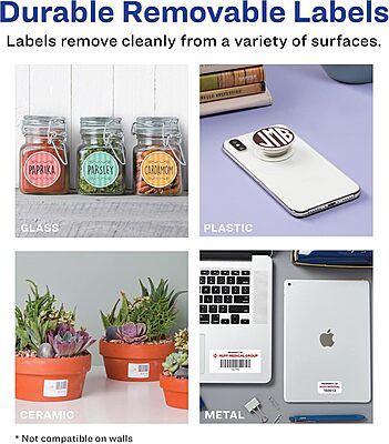 Avery Durable Removable Square Labels, Sure Feed Technology, 2" x 2", Matte White Film, Water-Resistant, Print-to-The-Edge, Laser/Pigment-Based Inkjet Printable, 96 Total 96 labels