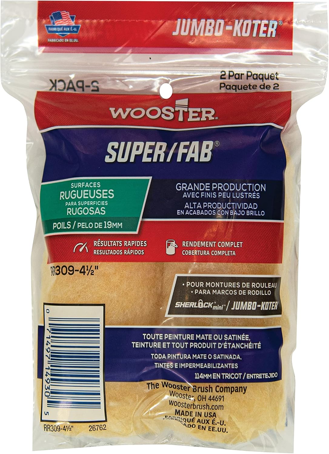Wooster RR309-4 1/2 Brush RR309-4-1/2 Jumbo-Koter Super/Fab Roller 3/4-Inch Nap, 2-Pack, 4-1/2-Inch, 4 1/2-Inch