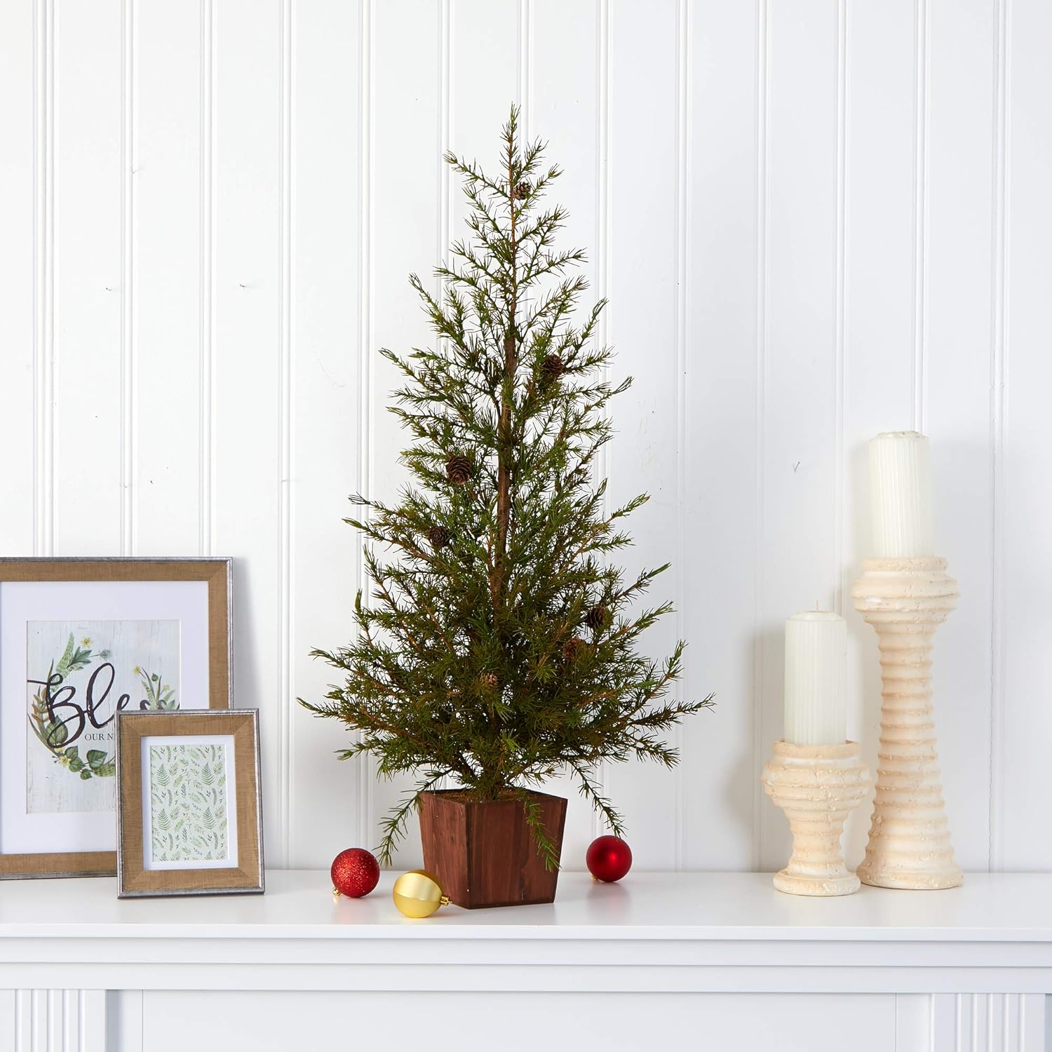 Nearly Natural 3ft. Alpine Natural Look Artificial Christmas Tree in Wood Planter with Pine Cones