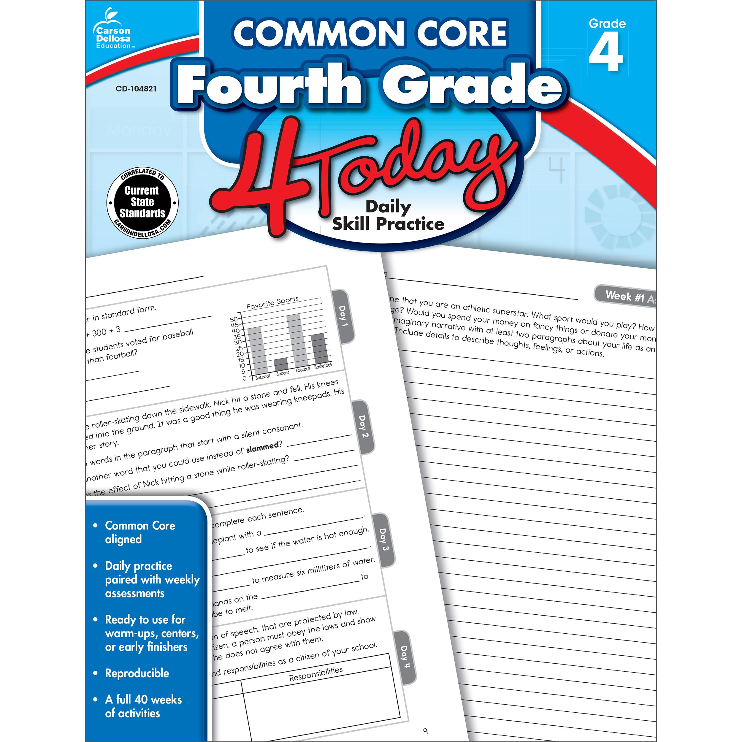 Carson Dellosa Common Core 4 Today 4th Grade Workbook, 40 Weeks of Math, Language Arts, Science