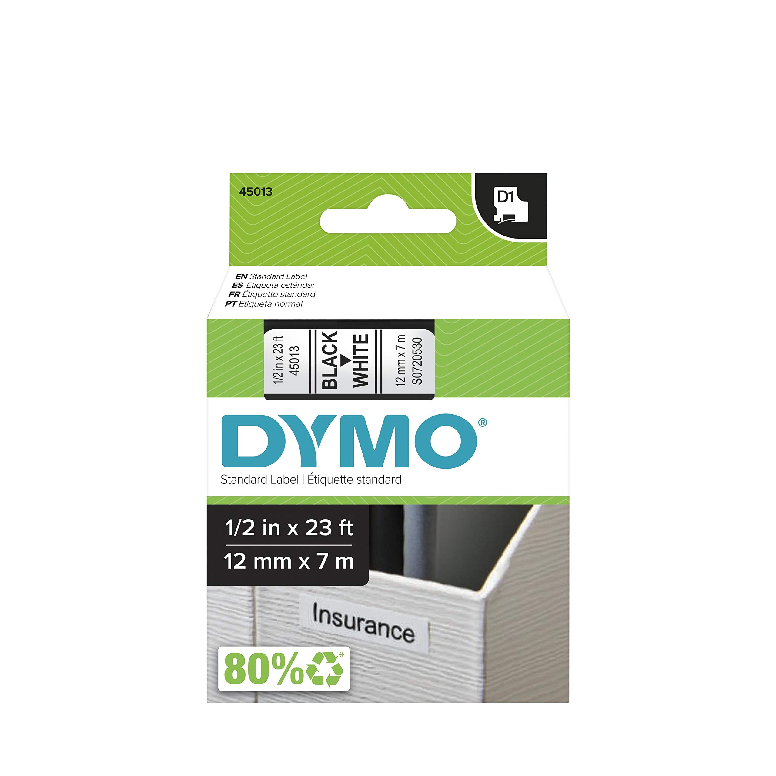 DYMO D1 Labels 1/2-Inch x 23-Foot Roll Black Print on White Self-Adhesive For LabelManager Label Makers 1 Pack