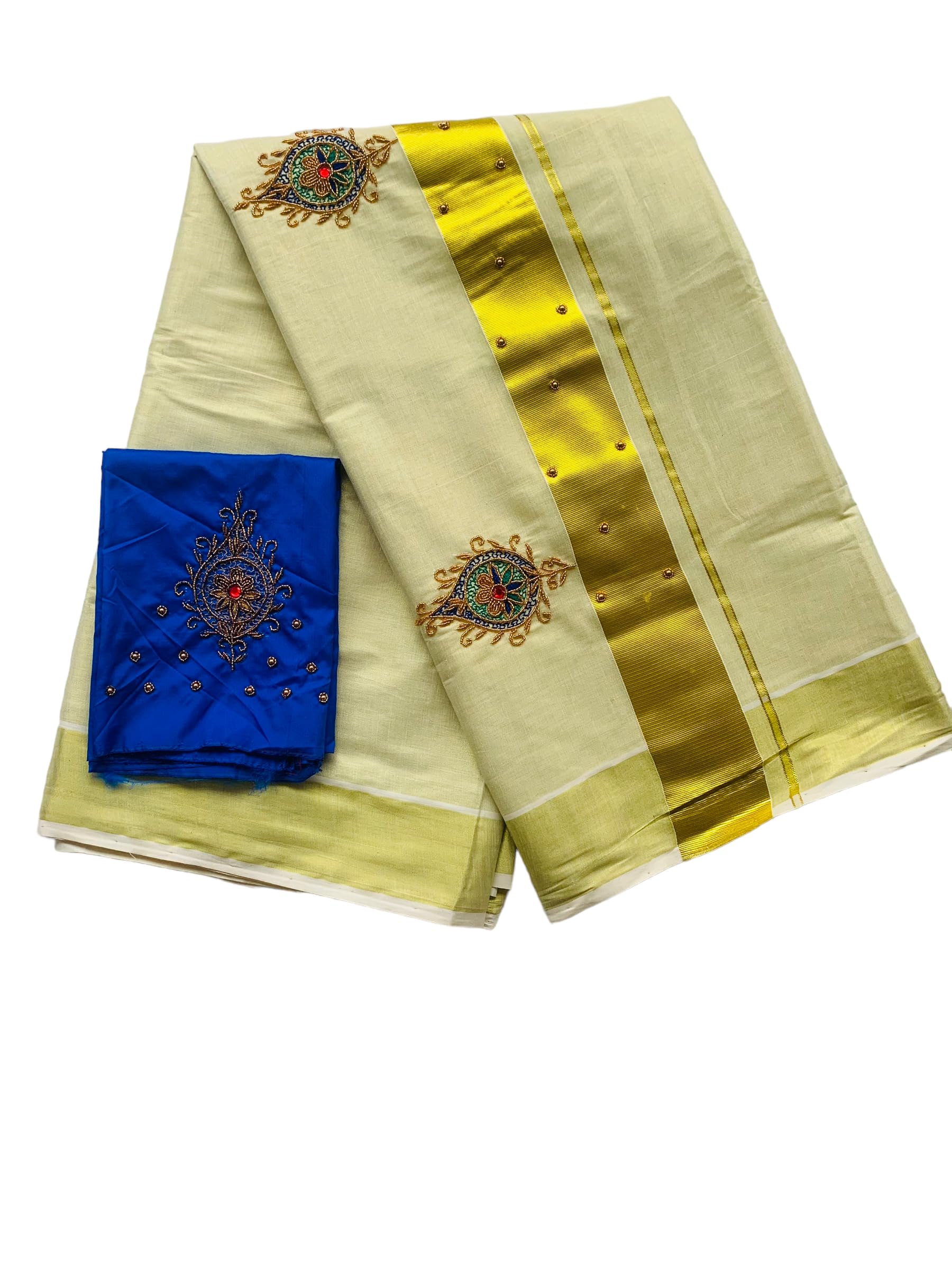 Kuthampully Kerala Kasavu Sarees For Women | Handcrafted Aari work Kerala Sarees | Tissue Onam Saree With Running Blouse | South Indian Sarees | Onam Saree EKM-806 (Blue)