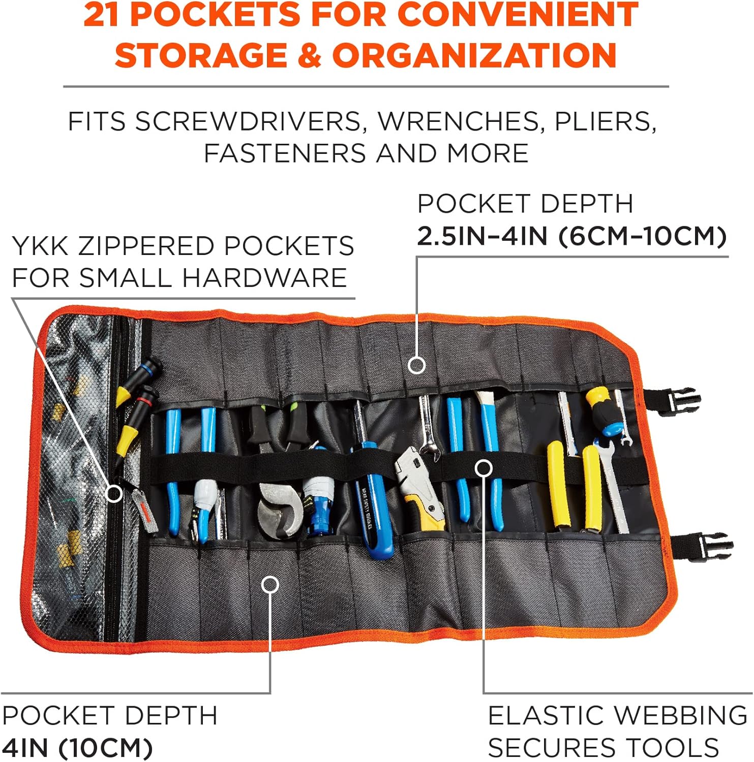 Ergodyne Arsenal 5871 Tool Roll-Up Pouch, 21-Pockets, Polyester, Black , Tall