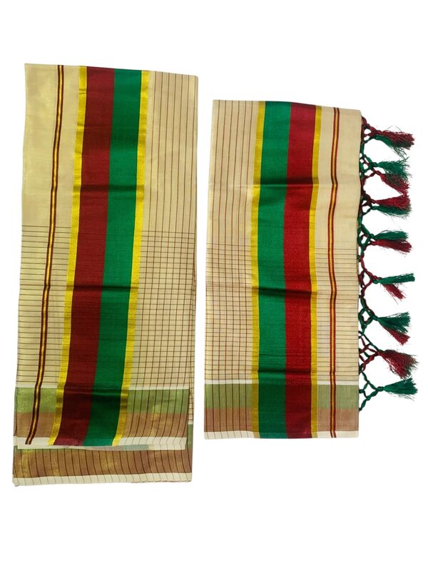 Women's Kuthampully Kerala Kasavu Set mundu Tissue with Kunjam | Kerala Tissue set mundu latest collections | Kuthampully Stripe Kasavu set mundu - Multi Color KTM-902 (Maroon)