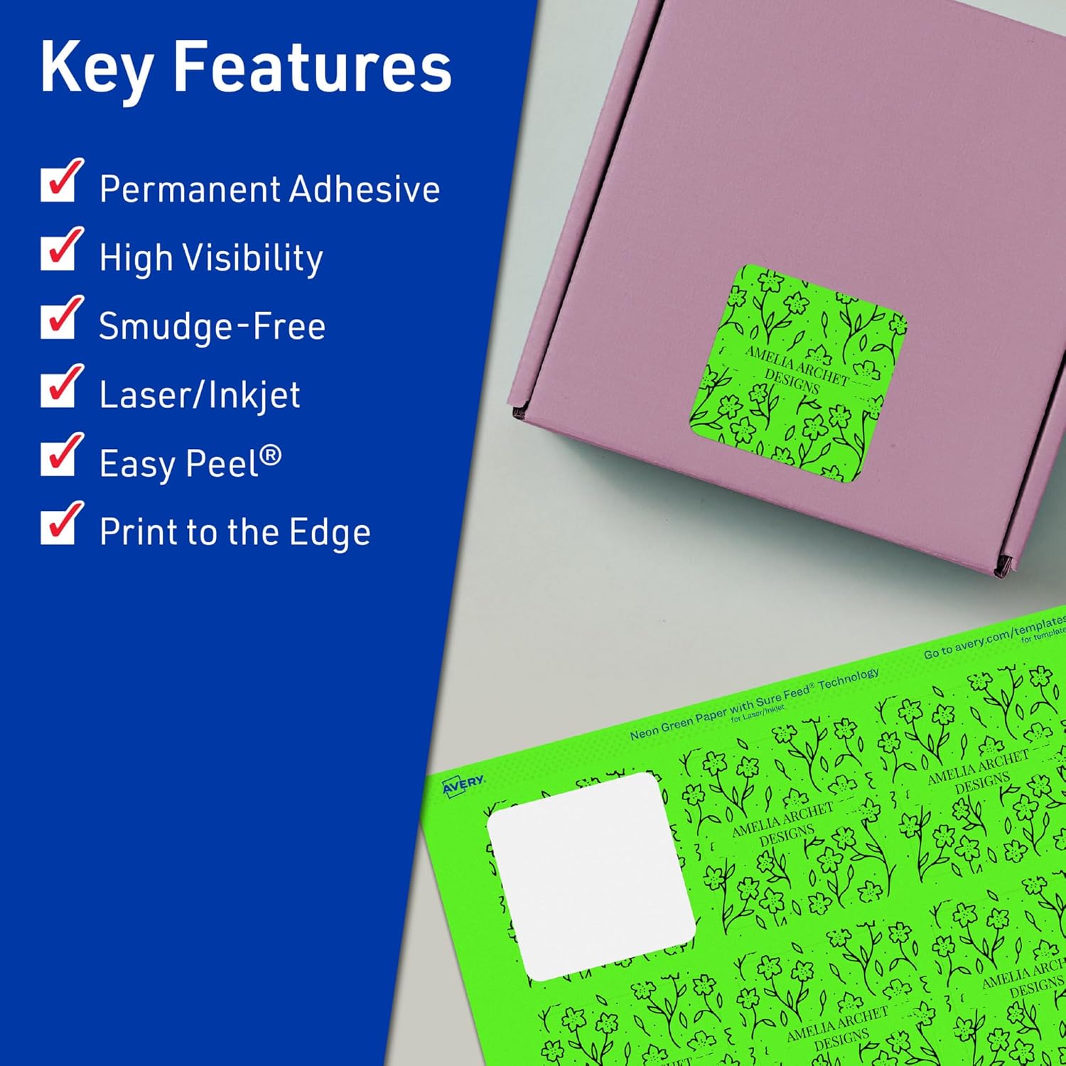 Avery Printable Square Labels, Sure Feed Technology, 2-1/8" x 2-1/8", Neon Green Labels, Print-to-The-Edge