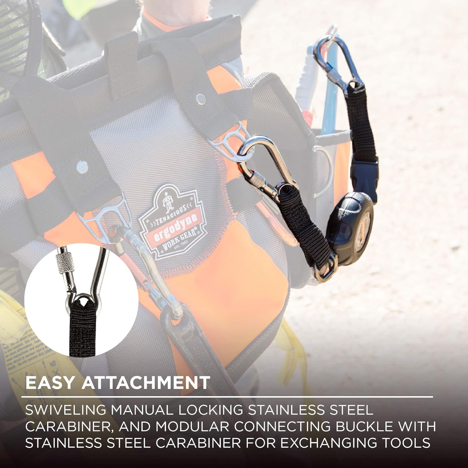 Ergodyne - 19300 Squids 3000 Retractable Lanyard with Carabiner Mount and Attachment End, Tool Weight Capacity 1 lbs,Black