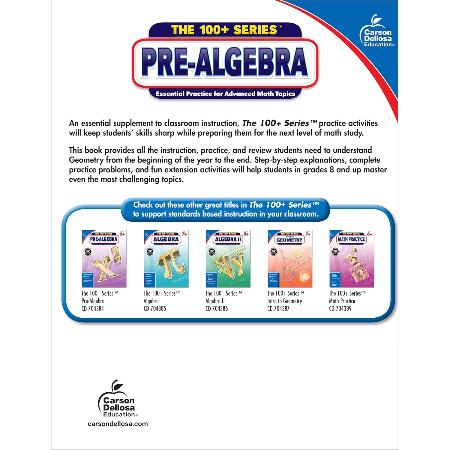 Carson Dellosa The 100+ Series: Grade 6 and Up Pre-Algebra Workbook, Fractions, Decimals, Algebra Expressions