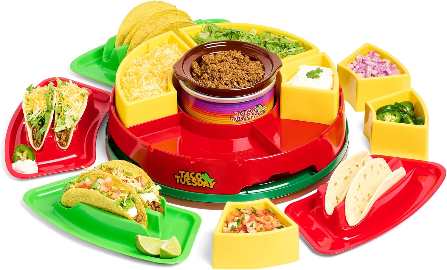 Nostalgia Taco Tuesday Heated Lazy Susan Taco Bar Serving Set for a Party with 4 Tortilla Holders, Fondue Pot for Burritos
