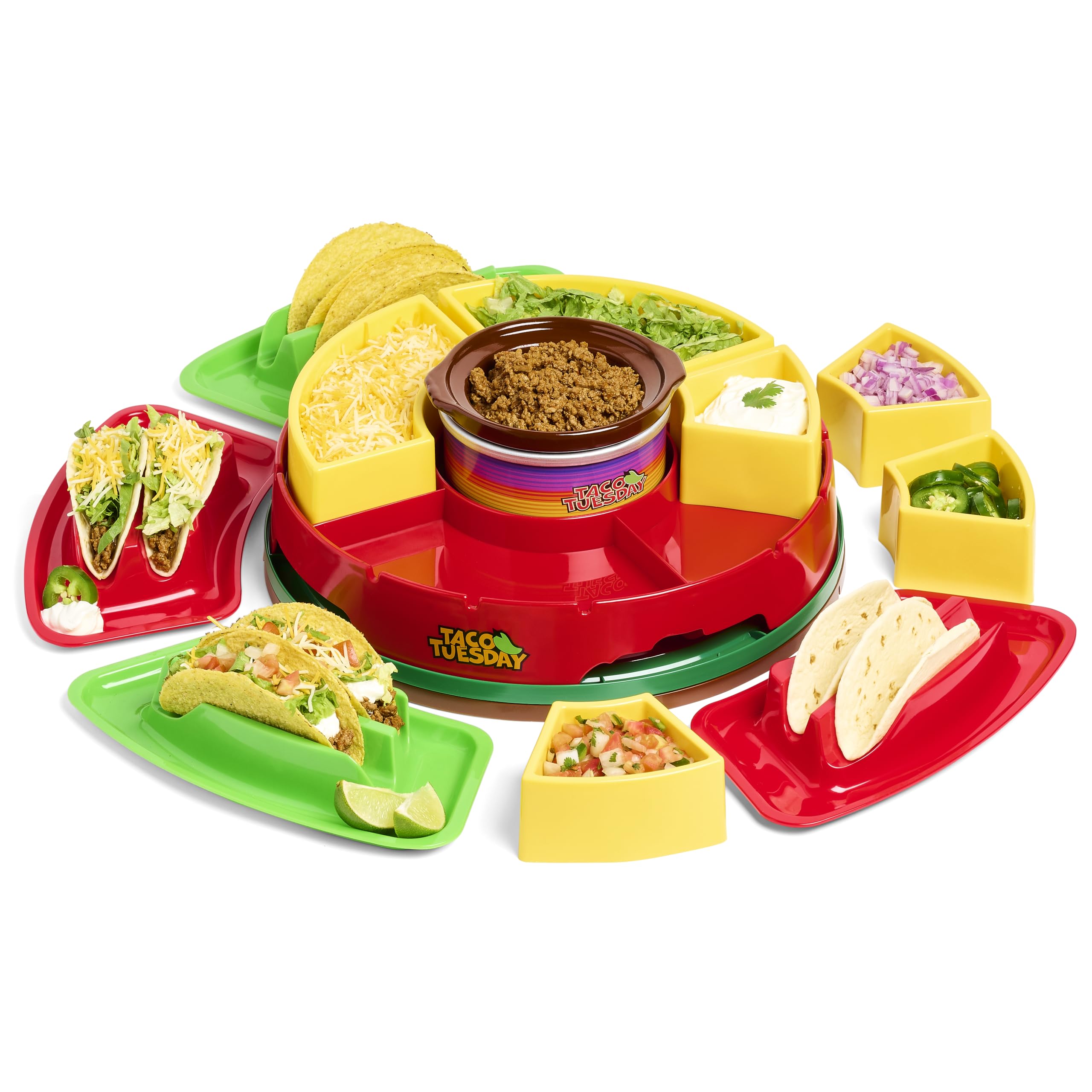 Nostalgia Taco Tuesday Heated Lazy Susan Taco Bar Serving Set for a Party with 4 Tortilla Holders, Fondue Pot for Burritos