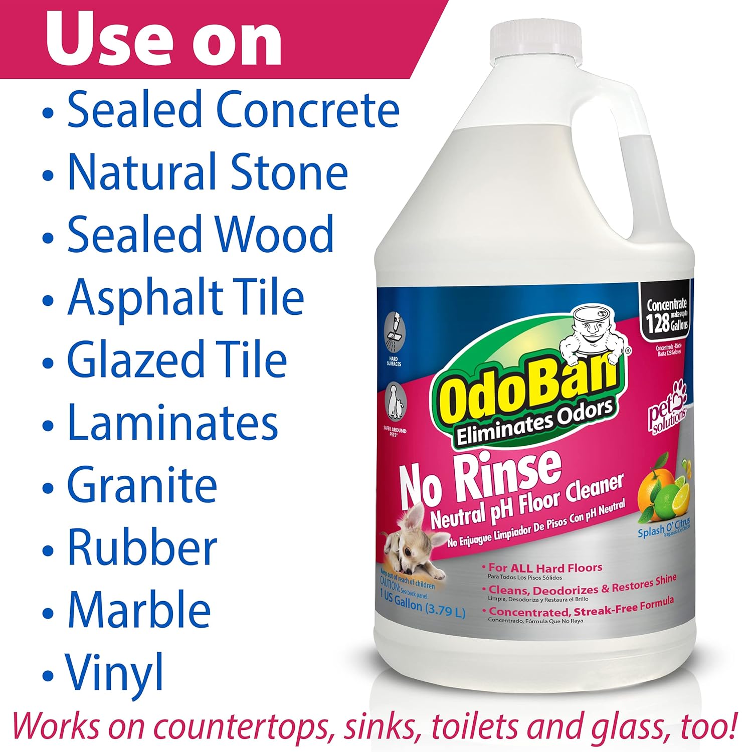 OdoBan Pet Solutions No Rinse Neutral pH Floor Cleaner Concentrate, 1 Gallon Citrus 128 Fl Oz (Pack of 1)