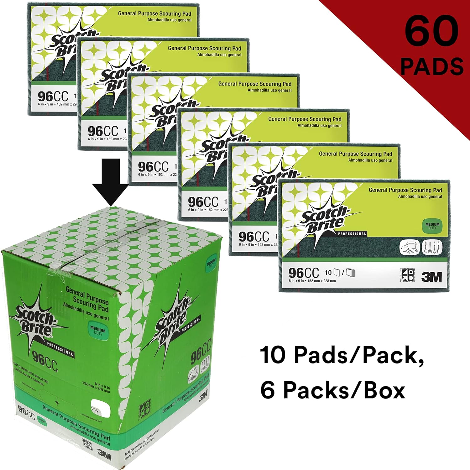 Scotch-Brite General Purpose Scouring Pad 96CC, 6 in x 9 in, 10/Pack, 6/Pack/Case 10 Pads/Pack, 6 Packs/Case