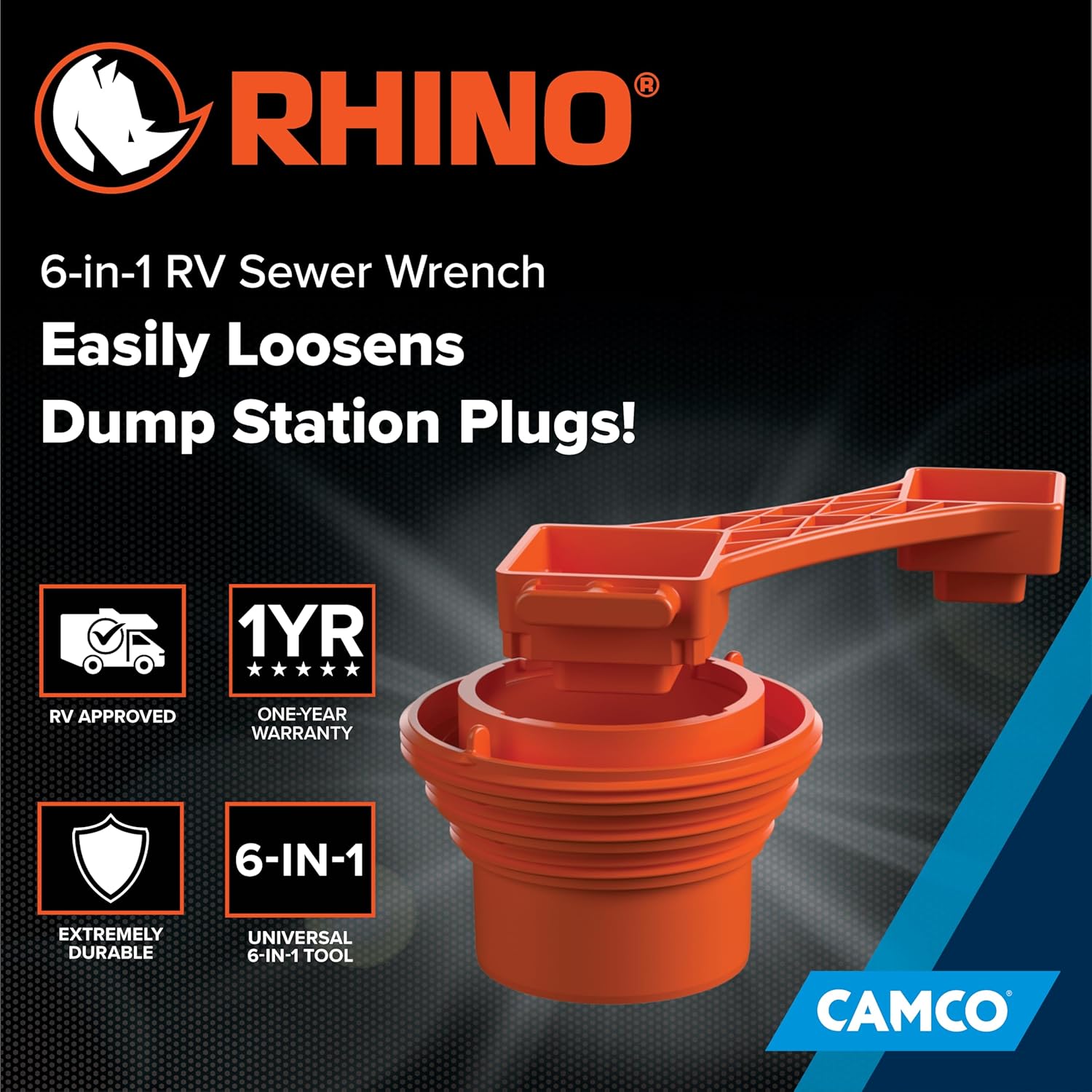 Camco RhinoFLEX 6-in-1 RV Sewer Wrench | Compatible with 3-Inch and 4-Inch Male or Female Sewer Clean-out Plugs
