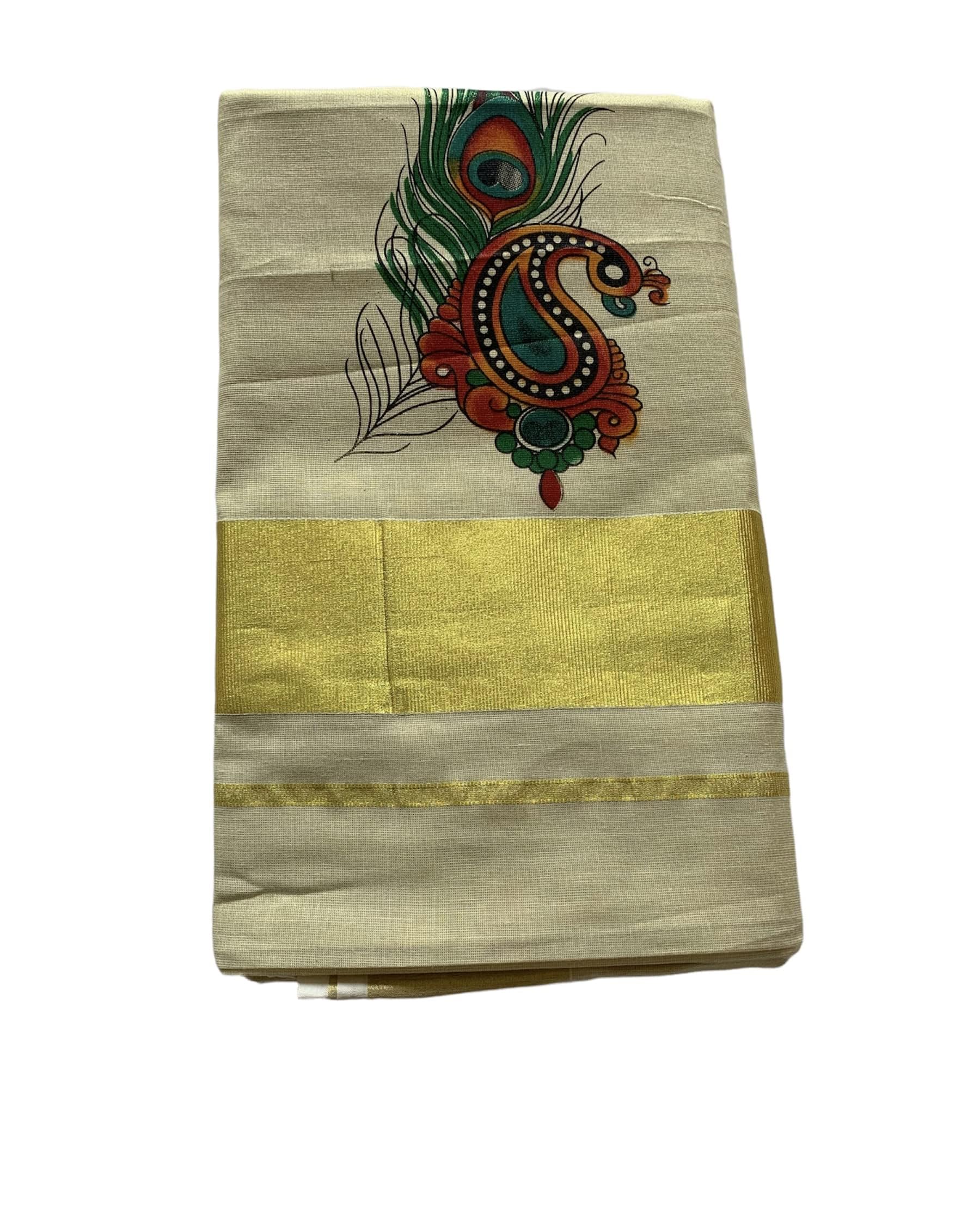 Women's Kuthampully Kerala Kasavu Saree Tissue Mural Painted | Traditional South Indian Saree | Kerala Saree - Multi Color EKM-637