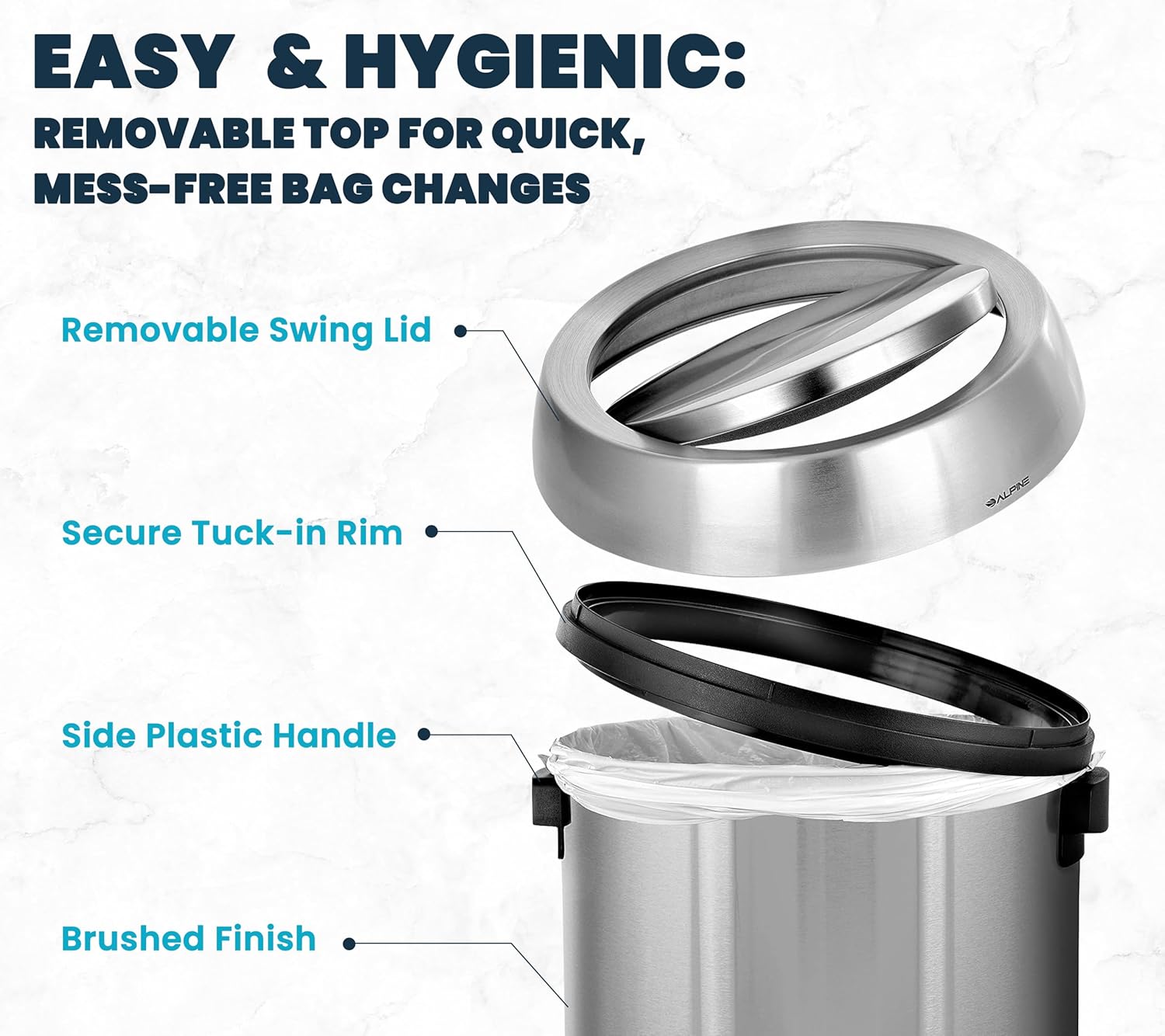 Alpine 17-Gallon Stainless Steel Swing Top Trash Can – Commercial Grade Round Garbage Bin with Odor Control Lid