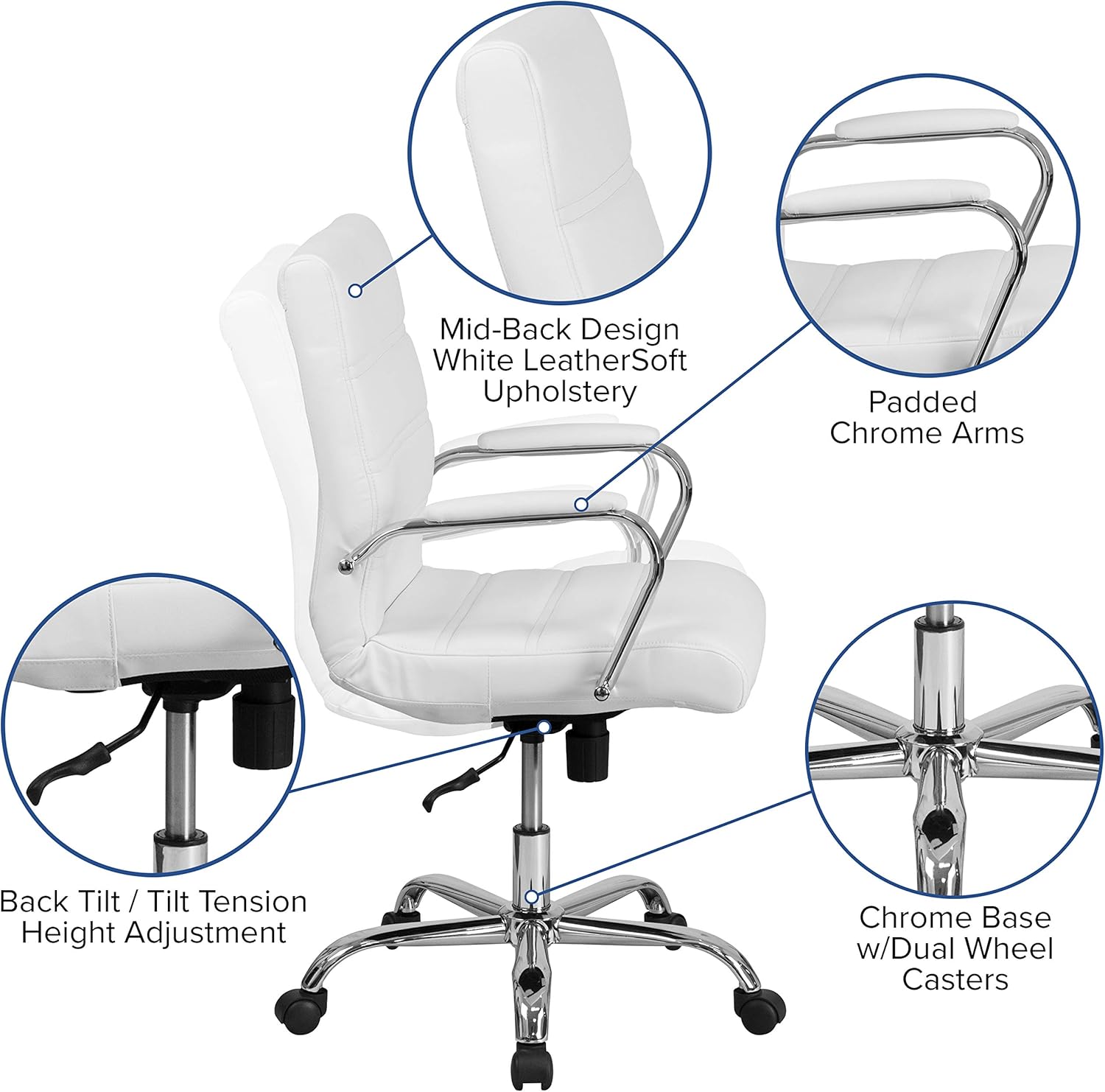 Flash Furniture Whitney Mid-Back Swivel LeatherSoft Desk Chair with Padded Seat and Armrests