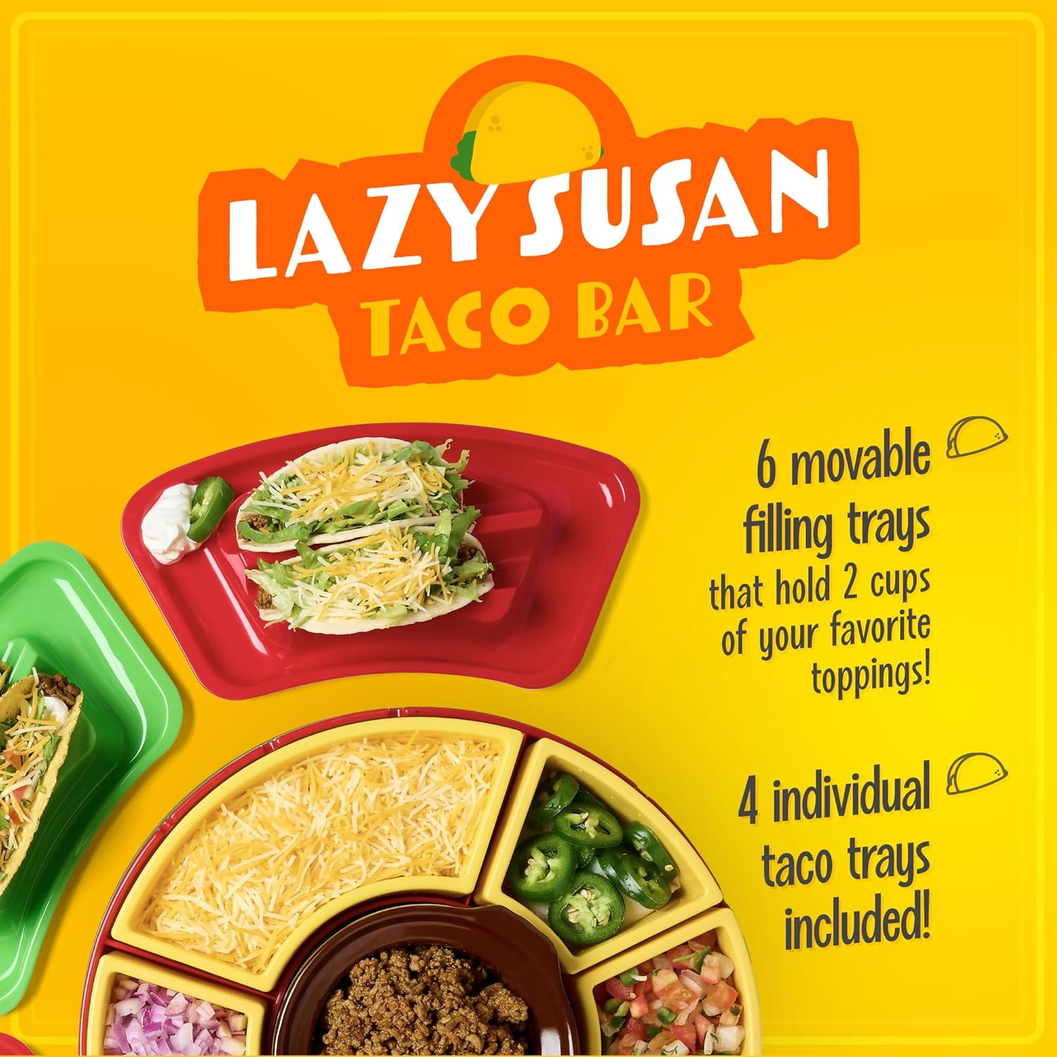 Nostalgia Taco Tuesday Heated Lazy Susan Taco Bar Serving Set for a Party with 4 Tortilla Holders, Fondue Pot for Burritos