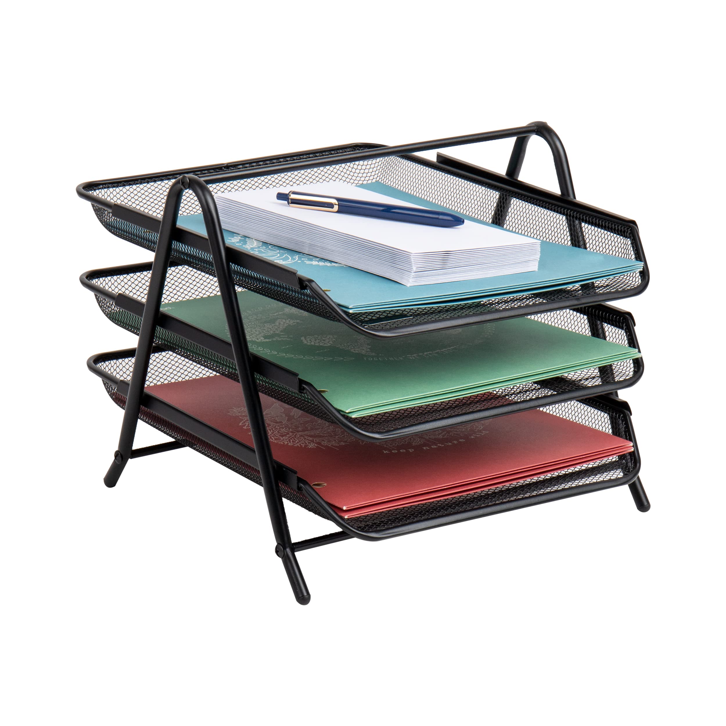 Mind Reader 3-Tier Paper Tray, Desktop Organizer, File Storage, Workspace, Office, Metal Mesh, 11.75"L x 13.75"W x 10"H, Black 1 Pack