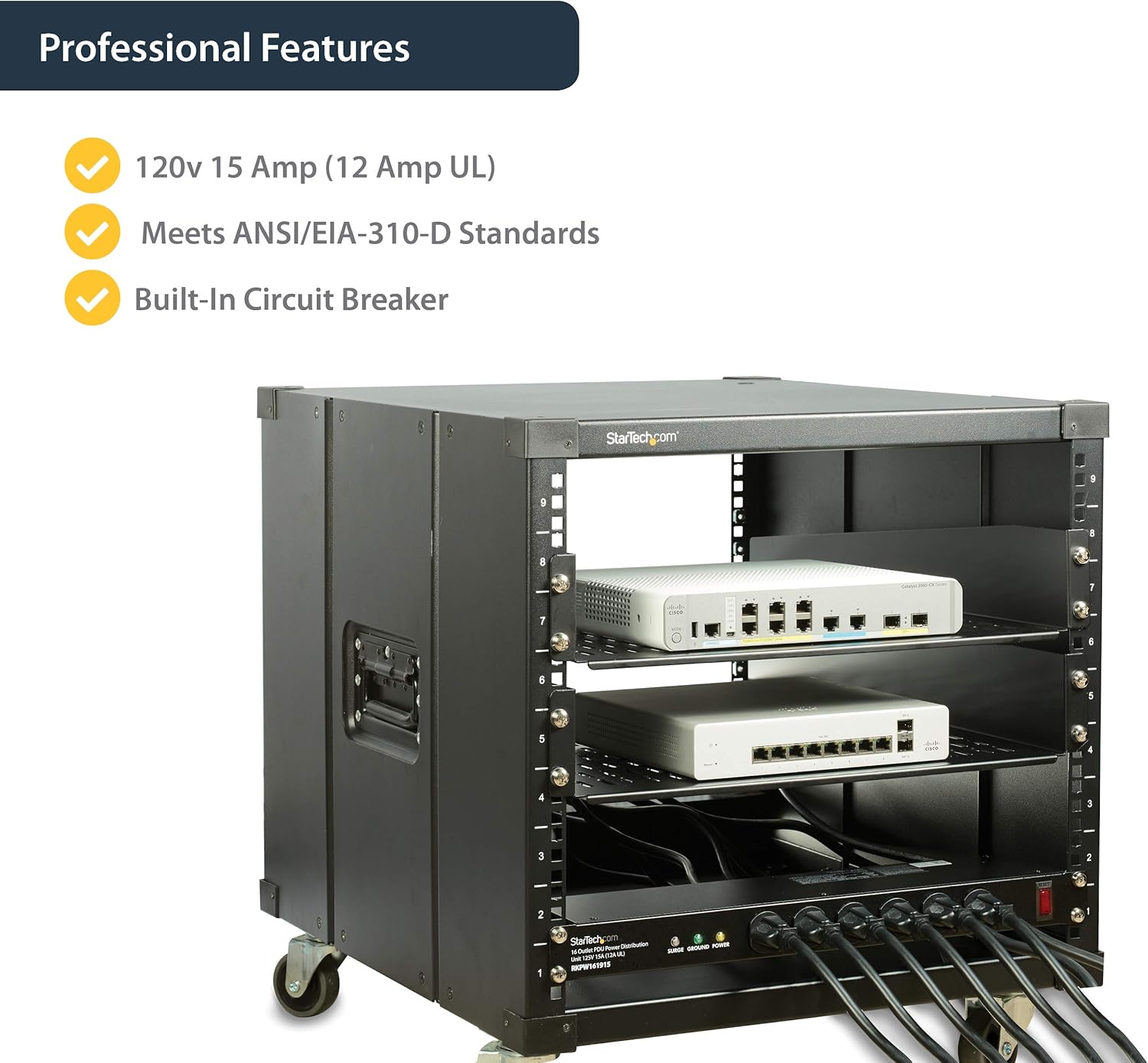 StarTech.com 16 Outlet Horizontal 1U Rack Mount PDU Power Strip for Network Server Racks - Surge Protection - 120V/15A