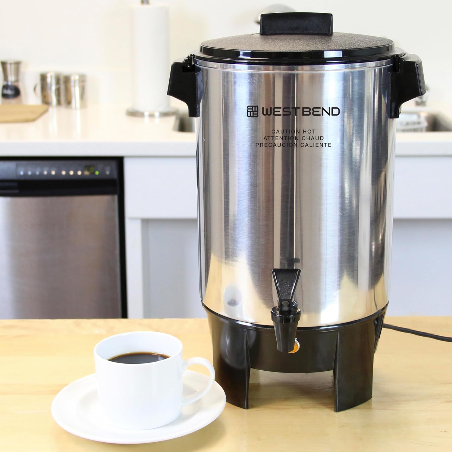 West Bend Coffee Urn Highly-Polished Aluminum Features Automatic Temperature Control with Cup Per Minute Brewing and Easy