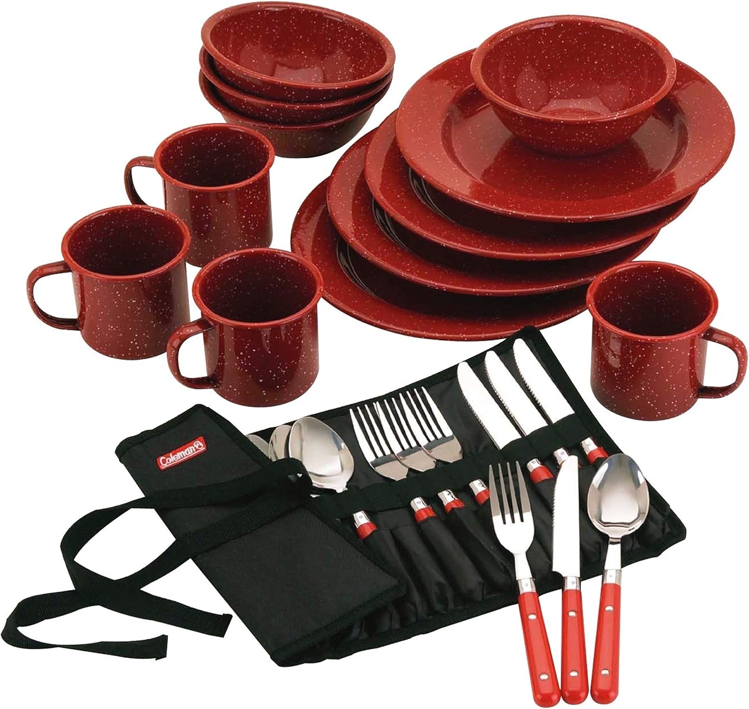 Coleman 24-Piece Enamel Dinnerware Set for Outdoor Dining, Dishwasher Safe, Full Dinnerware & Flatware Set for 4 People