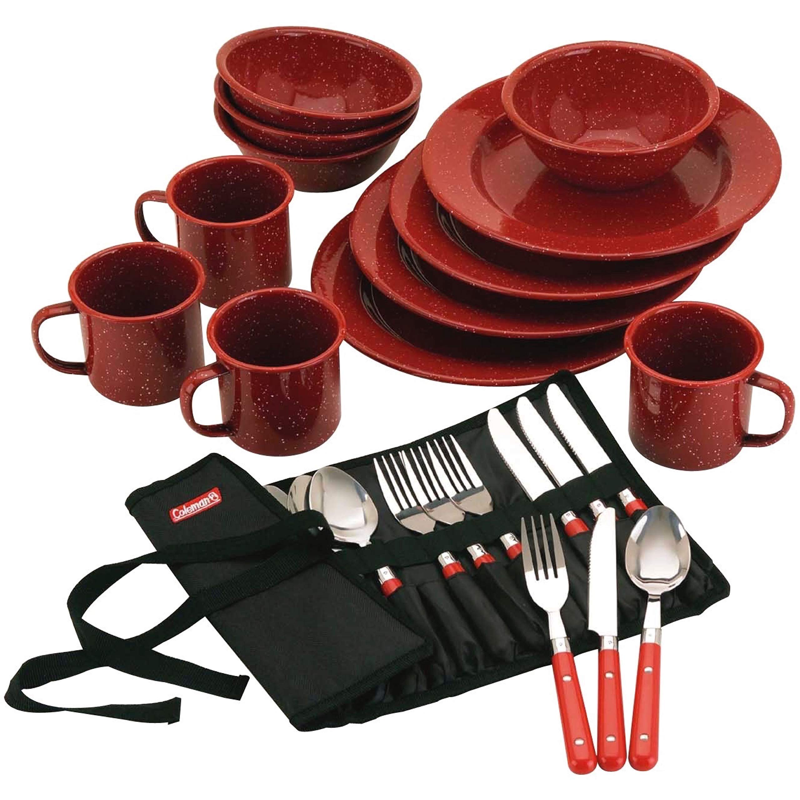 Coleman 24-Piece Enamel Dinnerware Set for Outdoor Dining, Dishwasher Safe, Full Dinnerware & Flatware Set for 4 People