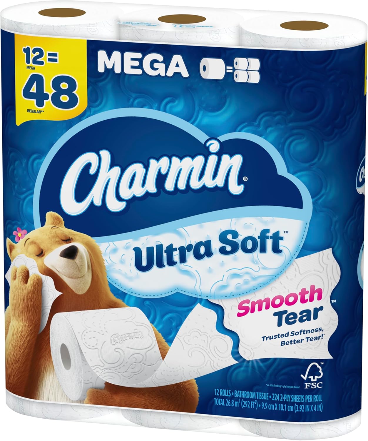 Charmin Ultra-Soft 2-Ply Toilet Paper Mega Rolls, 4in x 4in, White, 224 Sheets Per Roll, Pack Of 12 Rolls