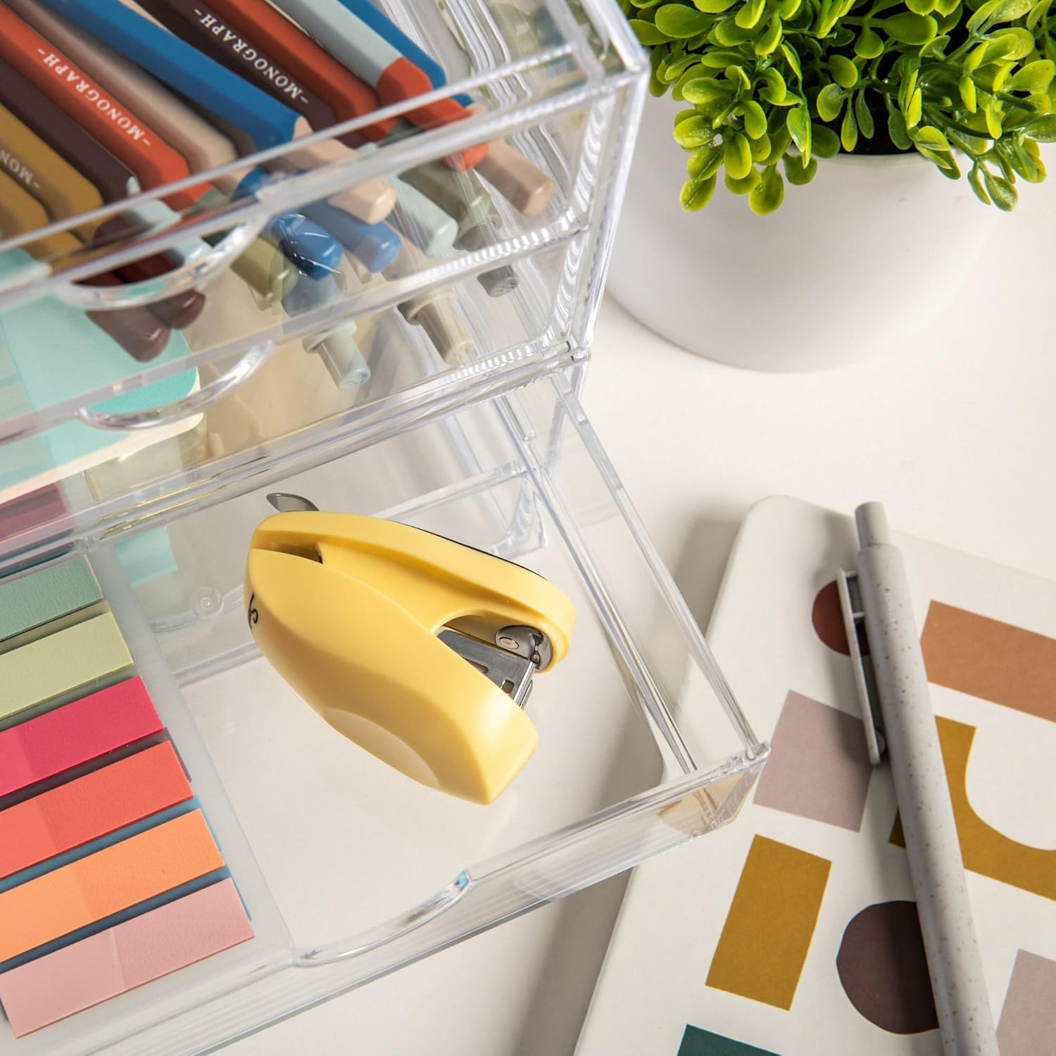 Martha Stewart Brody Desk Organizer with Drawers, Stackable Plastic Storage Box