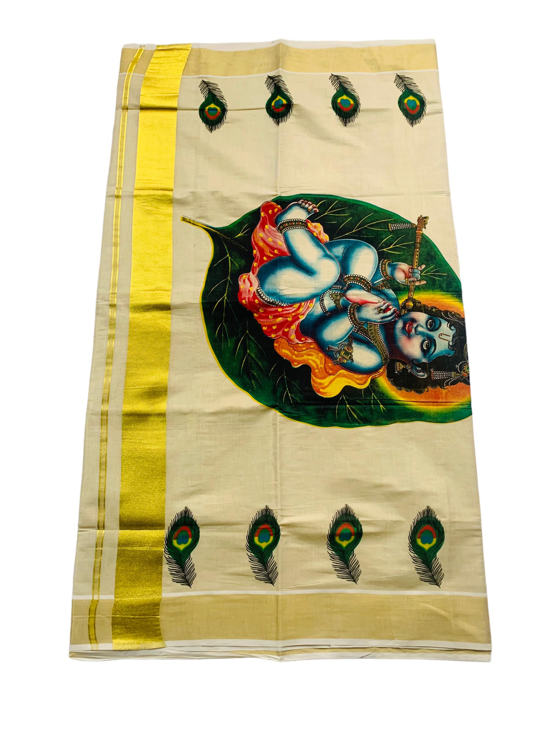 Kuthampully Kerala Kasavu Saree Tissue Mural Painted | Traditional South Indian Saree | Onam Saree - Multicolor KTM-714