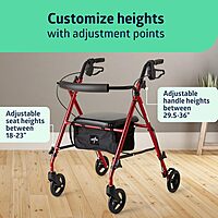 Medline Superlight Folding Aluminum Mobility Rollator Walker, Red, 250 lb. Weight Capacity, 6" Wheels, Adjustable Arms and Seat, Foldable Rolling Walker for Seniors Burgundy