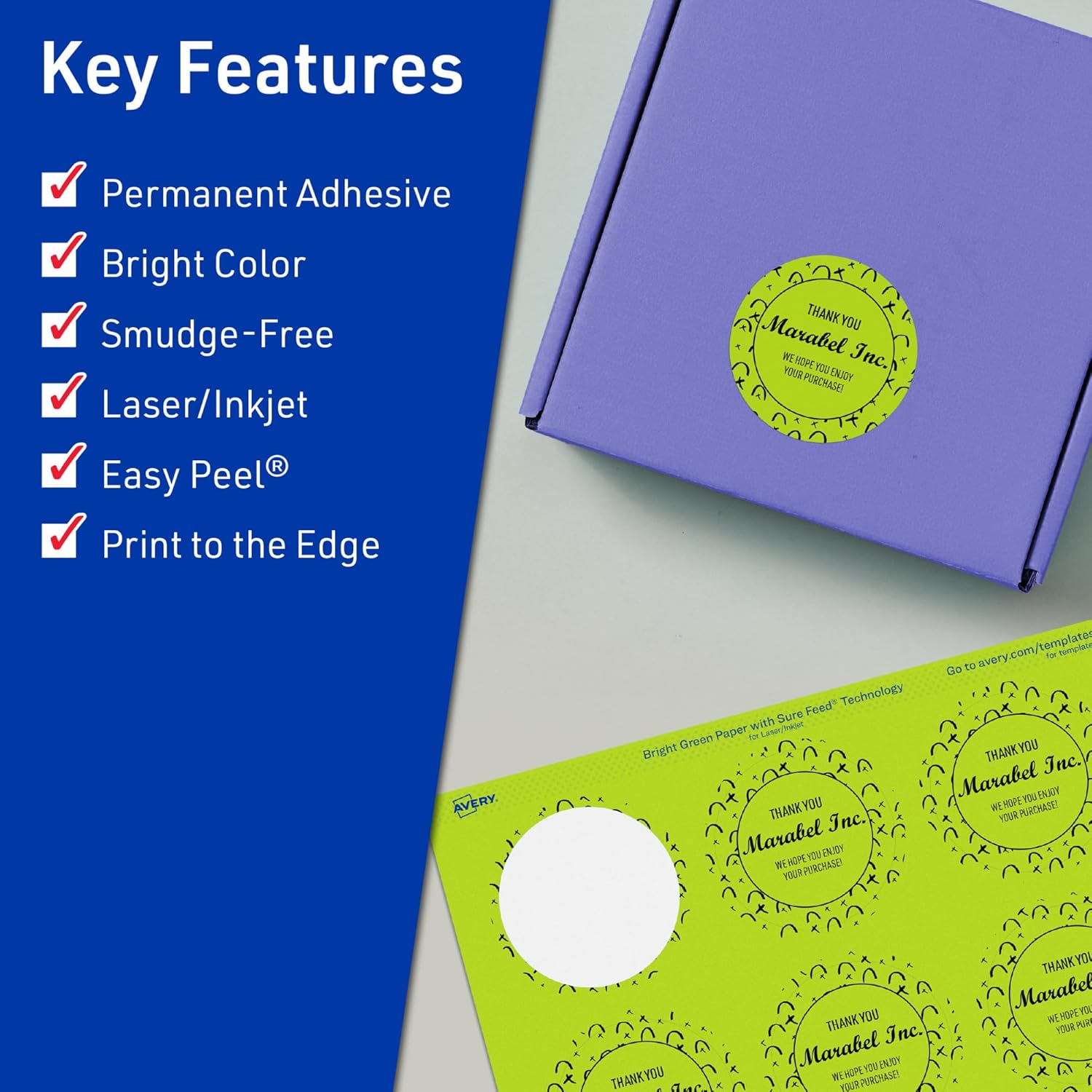 Avery Printable Round Labels, Sure Feed Technology, 1-5/8" Diameter, Bright Green Labels, Print-to-The-Edge