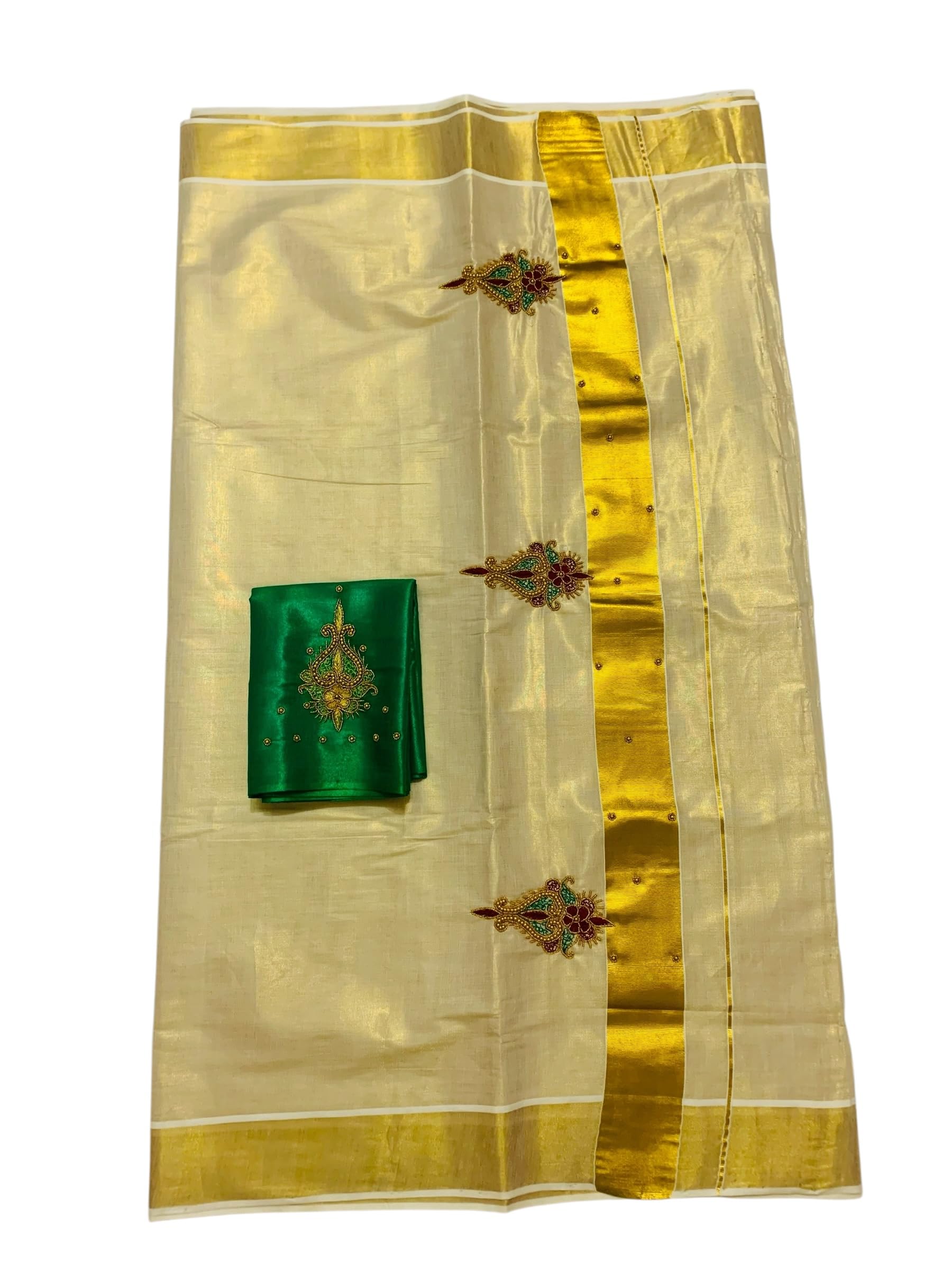 Kuthampully Kerala Kasavu Sarees For Women | Handcrafted Aari work Kerala Sarees | Tissue Onam Saree With Running Blouse | South Indian Sarees | Onam Saree EKM-836 (Green)
