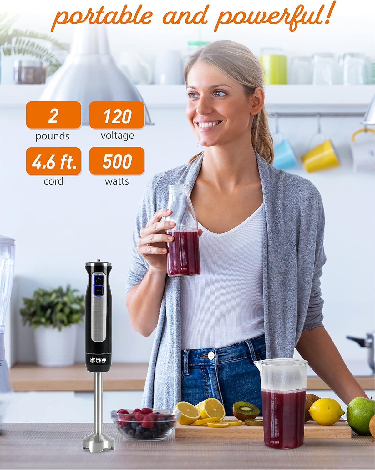 COMMERCIAL CHEF Immersion Blender, Multi-Purpose Immersion Hand Blender with Stainless Steel Blade