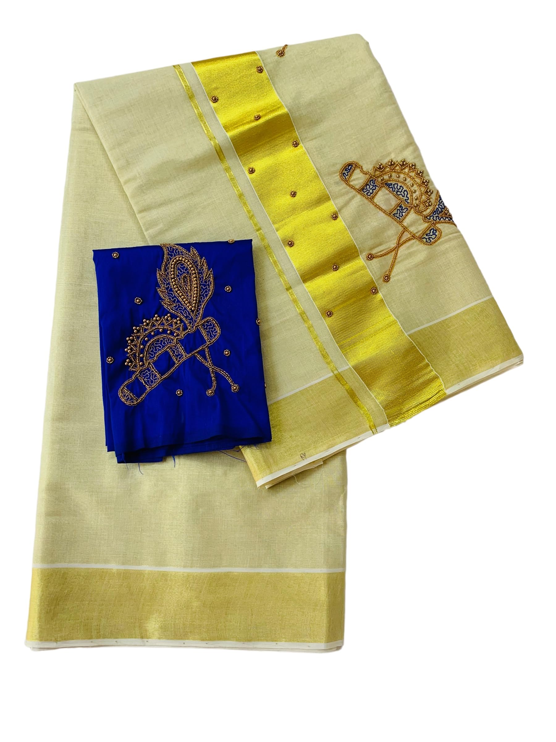 Kuthampully Kerala Kasavu Sarees For Women | Handcrafted Aari work Kerala Sarees | Tissue Onam Saree With Running Blouse | South Indian Sarees | Onam Saree - EKM-784 (Blue)