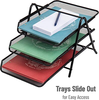 Mind Reader 3-Tier Paper Tray, Desktop Organizer, File Storage, Workspace, Office, Metal Mesh, 11.75"L x 13.75"W x 10"H, Black 1 Pack