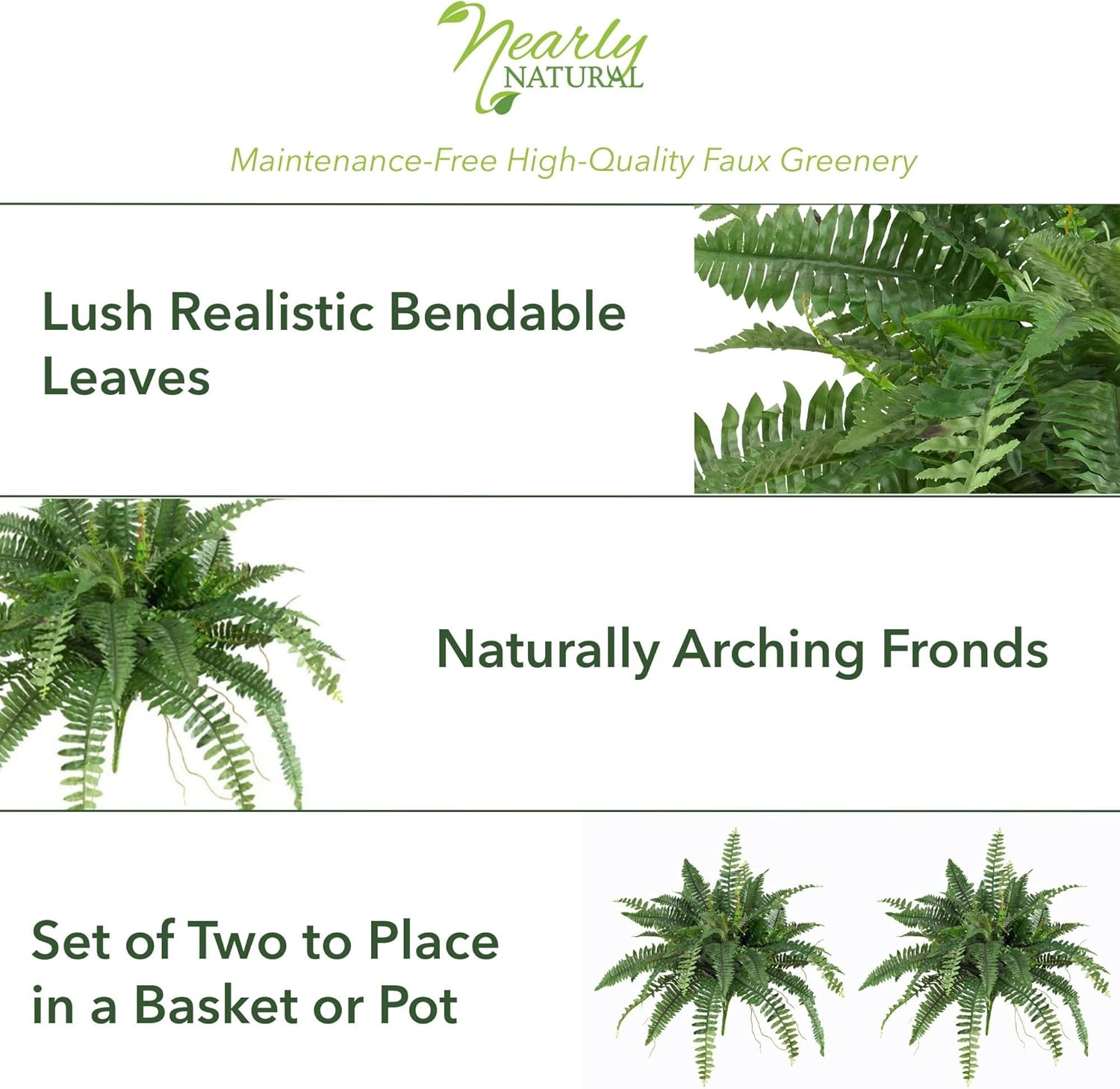Nearly Natural 40IN Artificial Boston Fern Large Hanging Plant, Set of 2 Artificial Ferns that Look Real for Home Décor