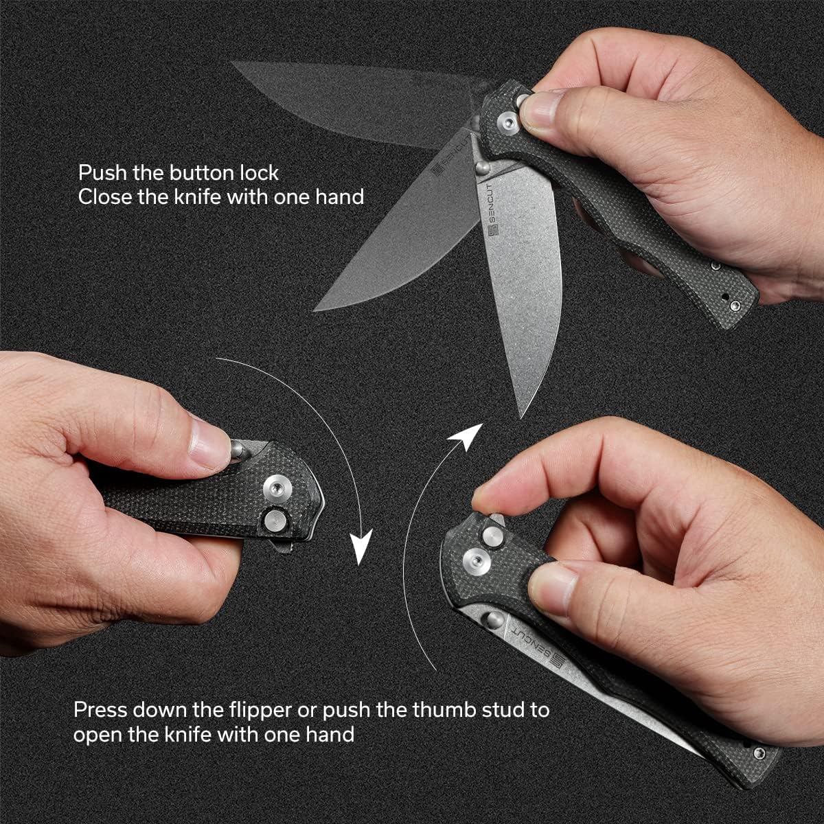 SENCUT Crowley Pocket Knife Button Lock Folding Knife for EDC, Natural G10 Handle Stonewashed D2 Blade Foldable Knife