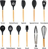 MegaChef Tool Wooden Cookware Utensil Set, 12 Piece, Black and Wood Texture