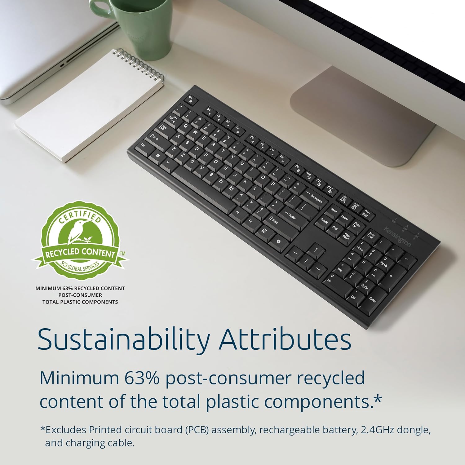 Kensington KB270 EQ Wireless Rechargeable Keyboard, Full-Size, Spill-Proof, 2.4GHz & Bluetooth 5.0 Connection