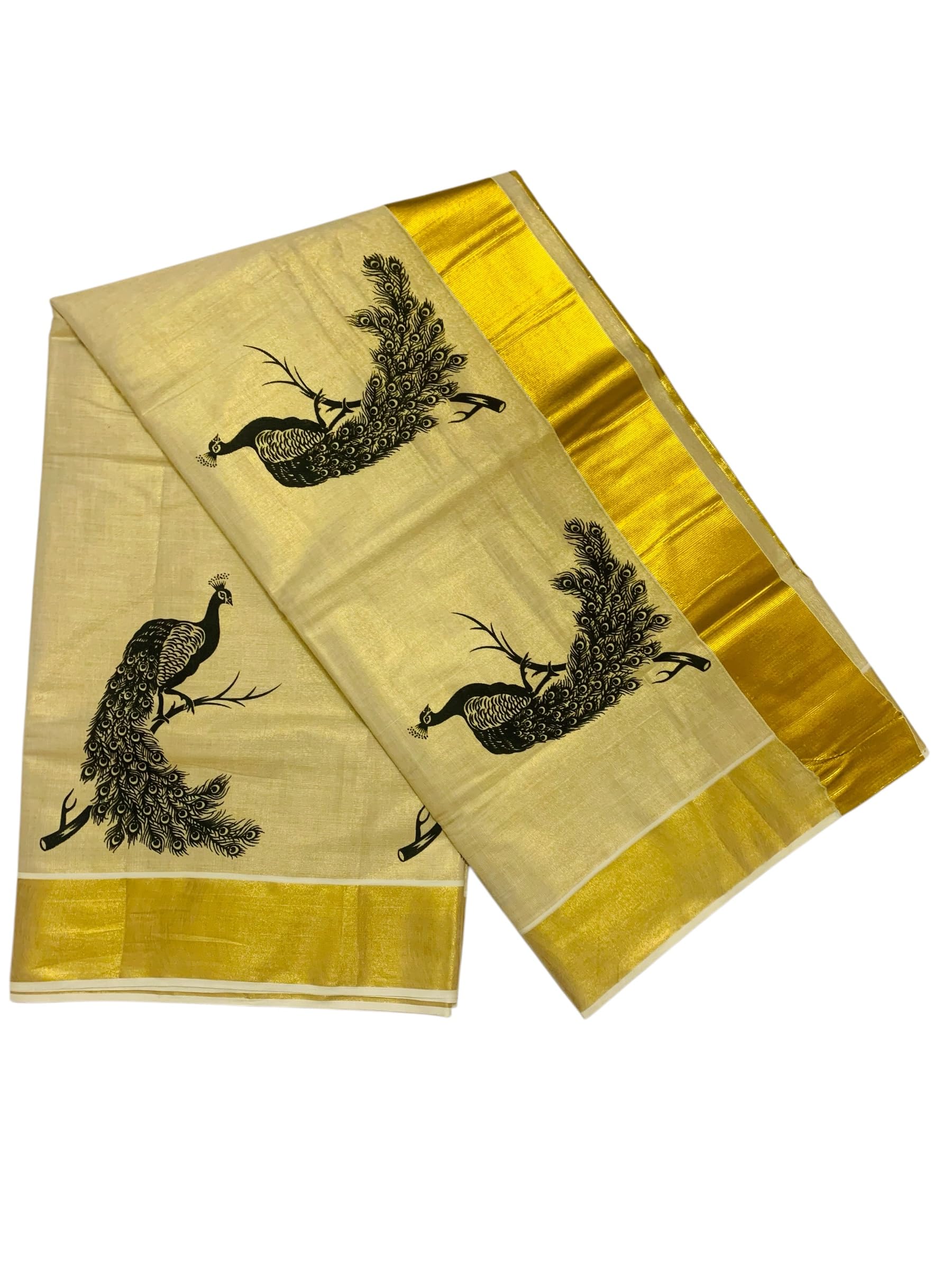 Women's Kuthampully Kerala Kasavu Saree with Running Blouse Tissue Mural Painted - Multi Color KTM-691