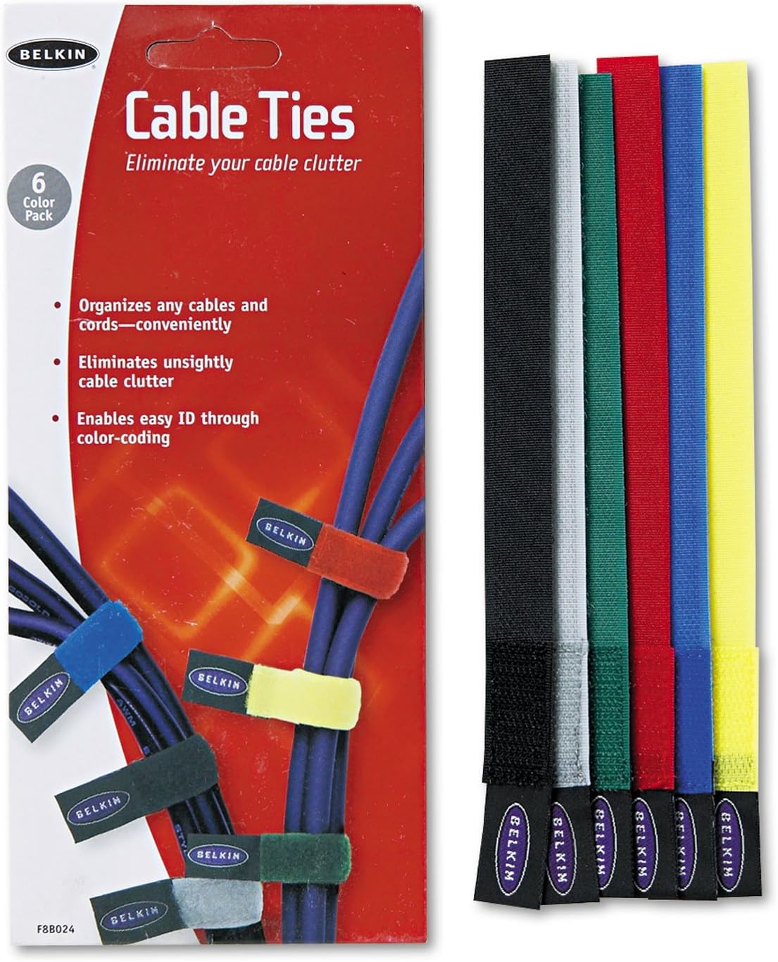 Belkin 8" Cable Ties (6-Pack) - Multicolor, Reusable Hook & Loop