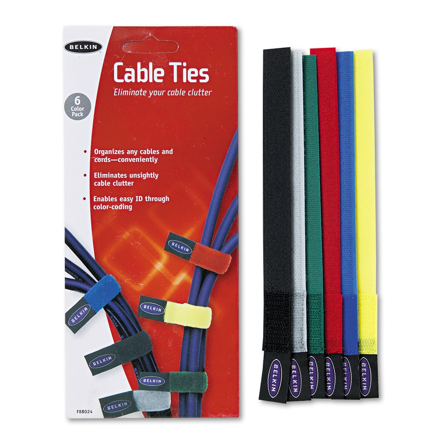 Belkin 8" Cable Ties (6-Pack) - Multicolor, Reusable Hook & Loop