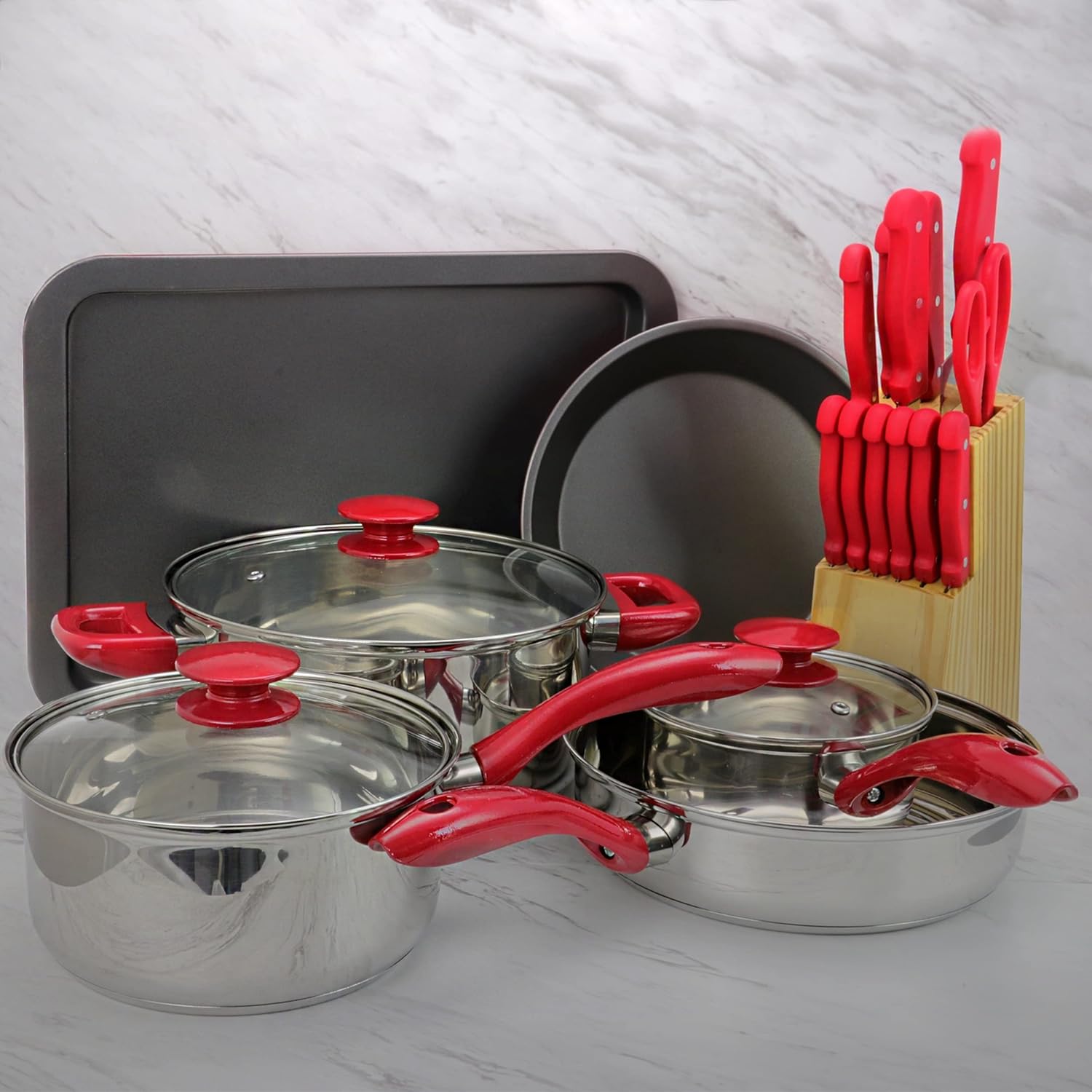 MegaChef 22 Piece Cookware Combo Set in Red